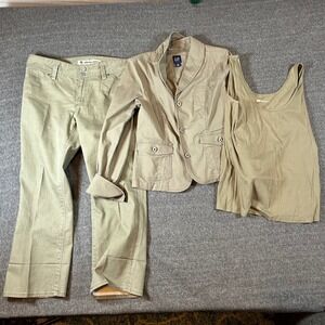 Vintage GAP Womens Khaki Utility Jacket Pant Ribbed Tank Suit Set Size 12 XL Y2K